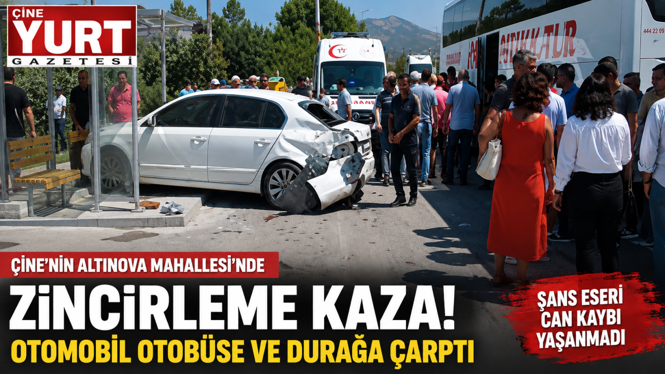 Çine’de Zincirleme Trafik Kazası: Otomobil Otobüse ve Durağa Çarptı